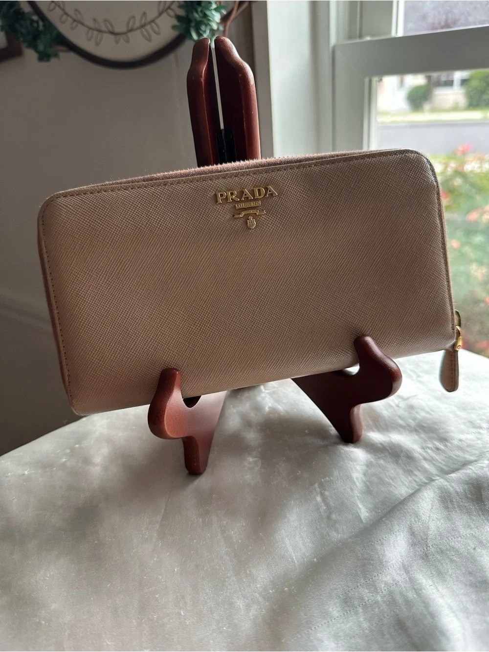 Prada Zip-Around Saffiano Wallet in Blush Beige with Gold Logo